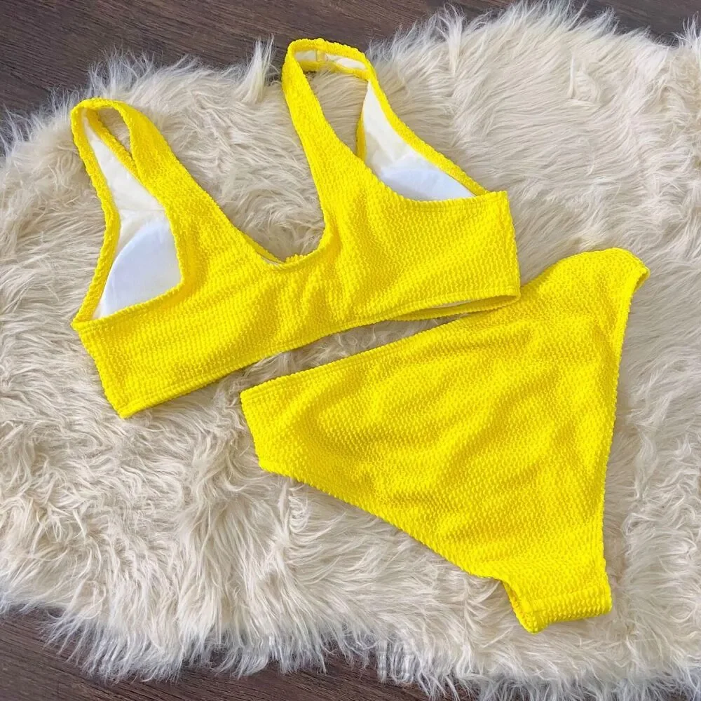 Nwot Yellow Scrunched Waffle Textured Bikini Two Piece Swim L